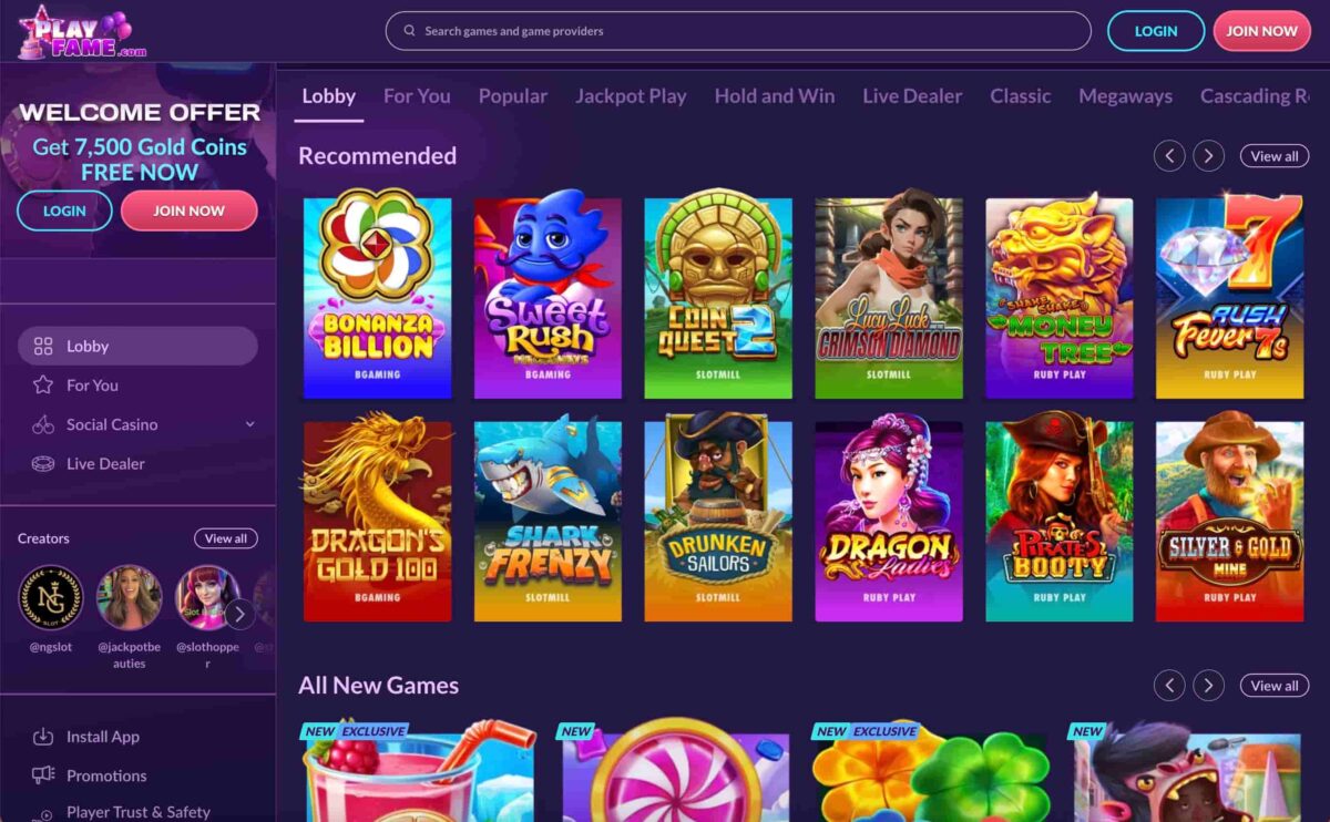 PlayFame Sweepstakes Casino Screenshot