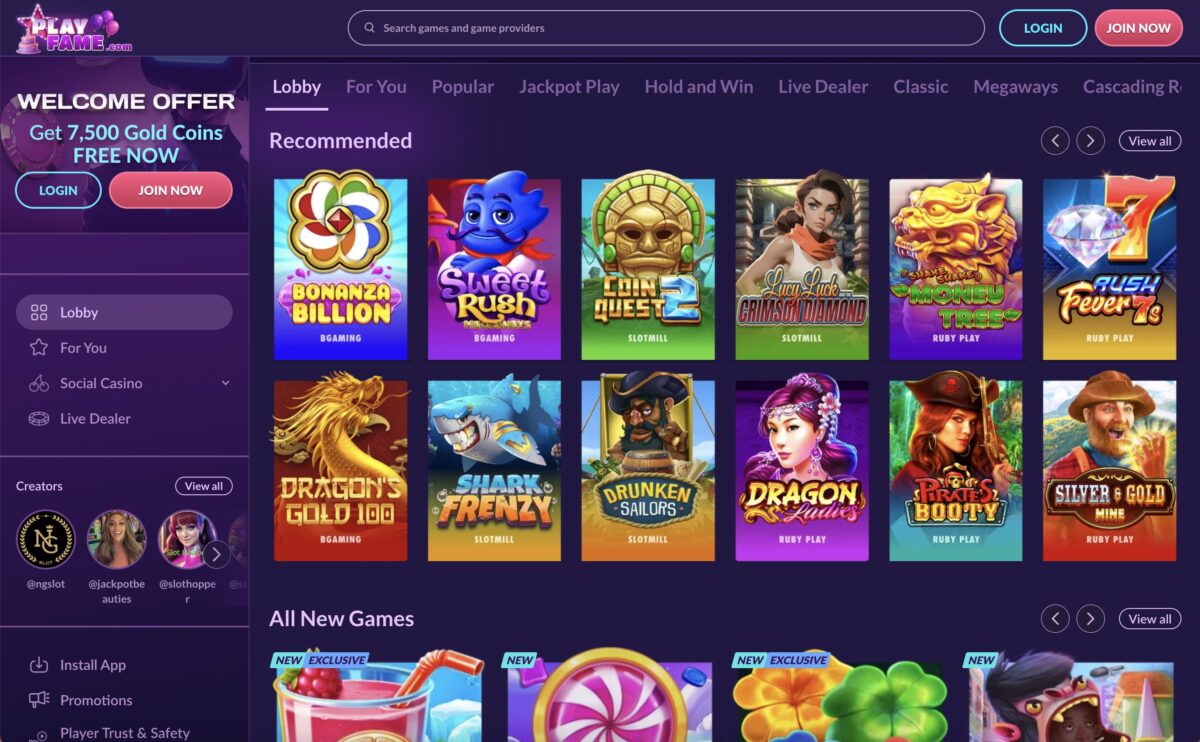 PlayFame Sweepstakes Casino Screenshot