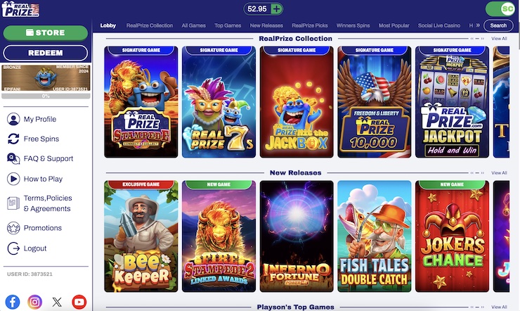 Screenshot of new sweepstakes casino RealPrize