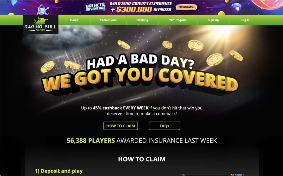Screenshot of Raging Bull Slots Casino Insurance Offer