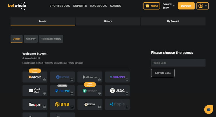 Placing a deposit at BetWhale