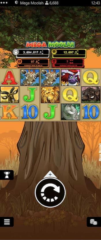 A mobile screenshot of the Mega Moolah online slot.