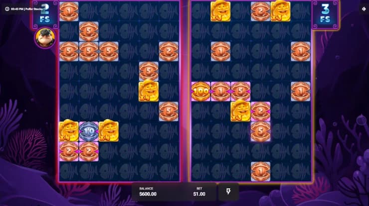 An image of in-game play on Puffer Stacks online slot.