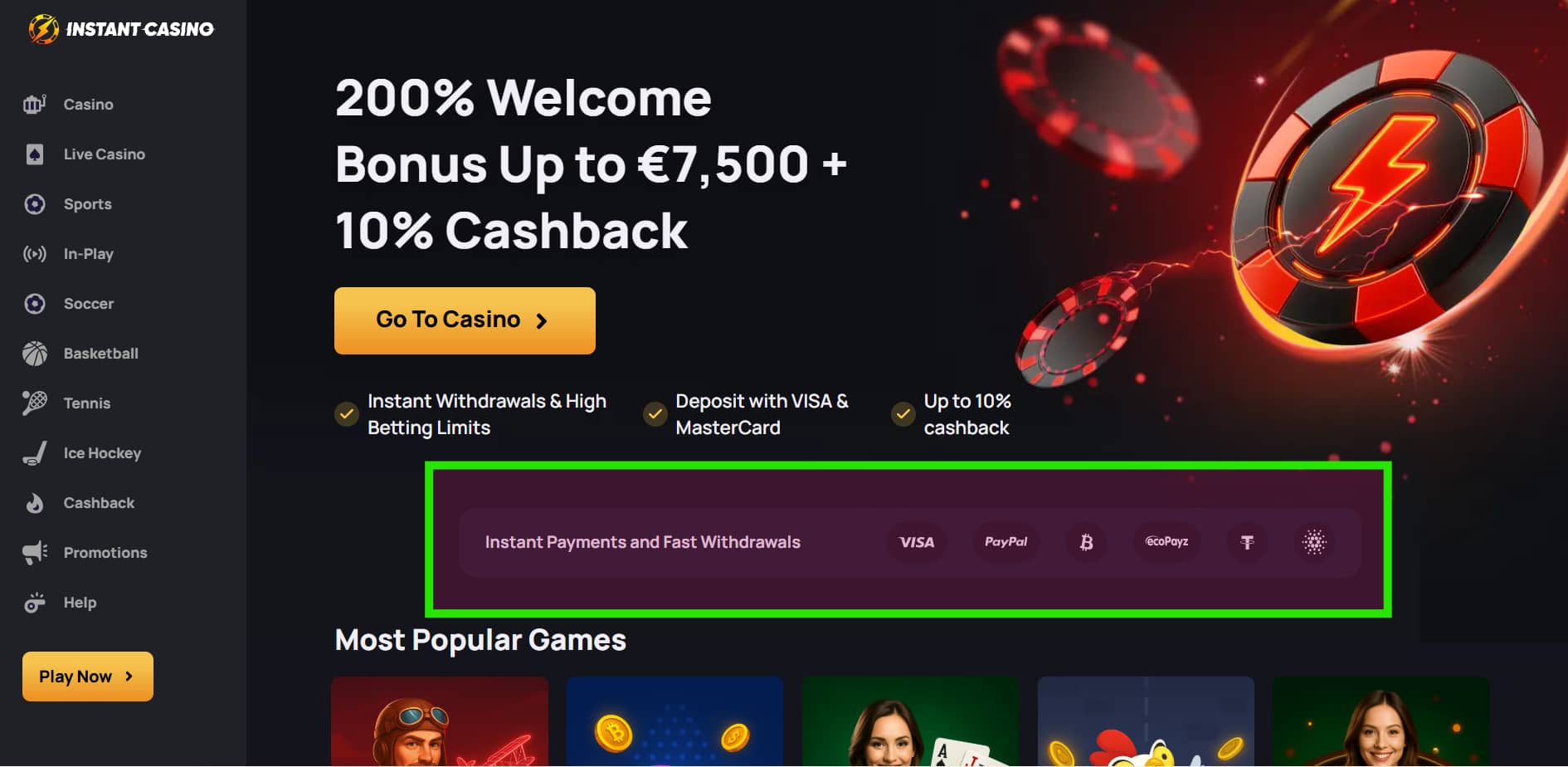 A view of Instant Casino's home page