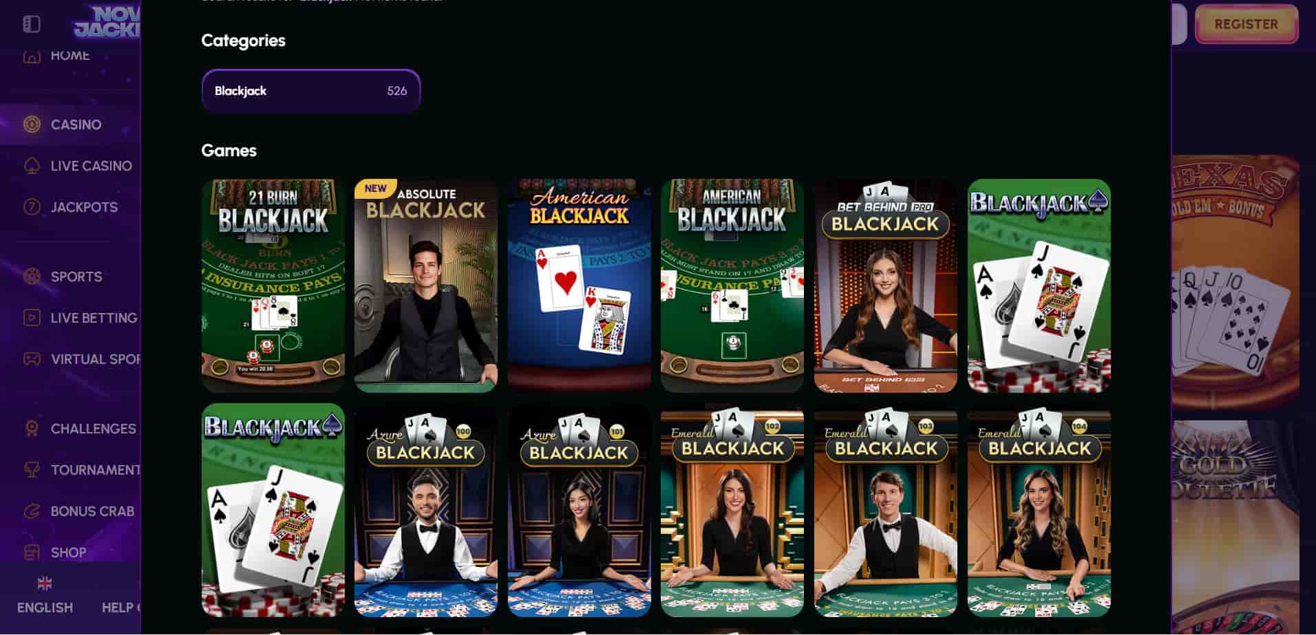 The variety of blackjack games at Novajackpot