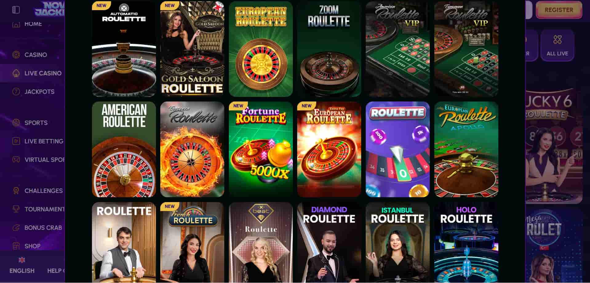 A view of the roulette games at Novajackpot