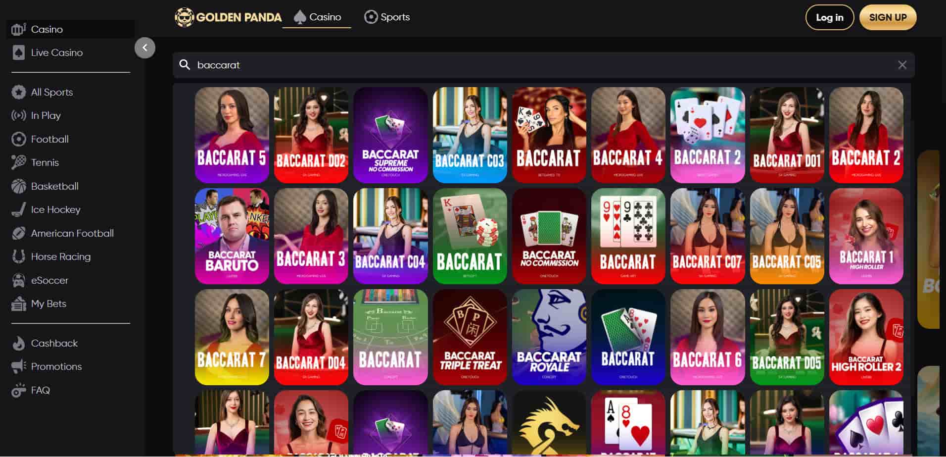 The available baccarat games at Golden Panda