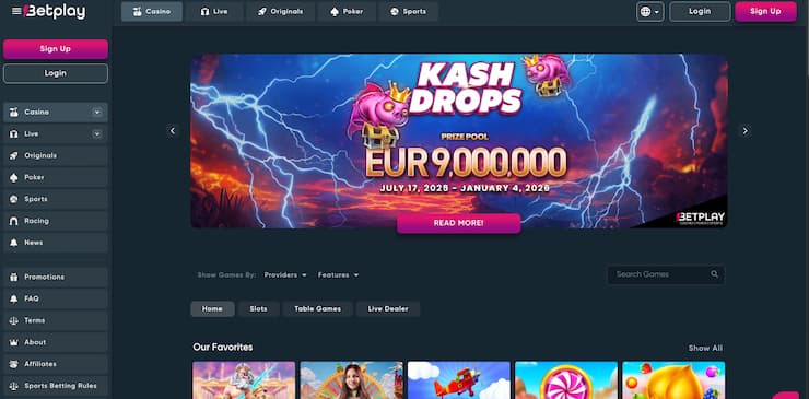 A screenshot of Betplay.io, a top site for playing games similar to Mega Moolah.