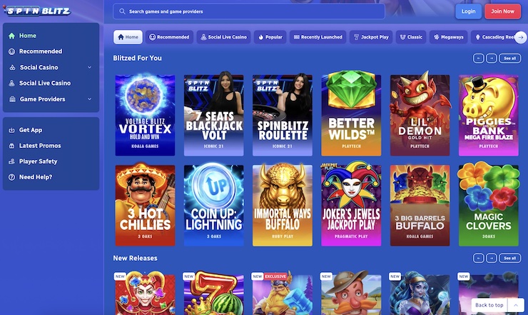 Screenshot of new sweepstakes casino Spinblitz