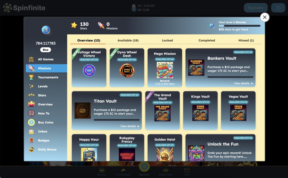 Spinfinite Missions, Tournaments, Levels, Stars, and More.