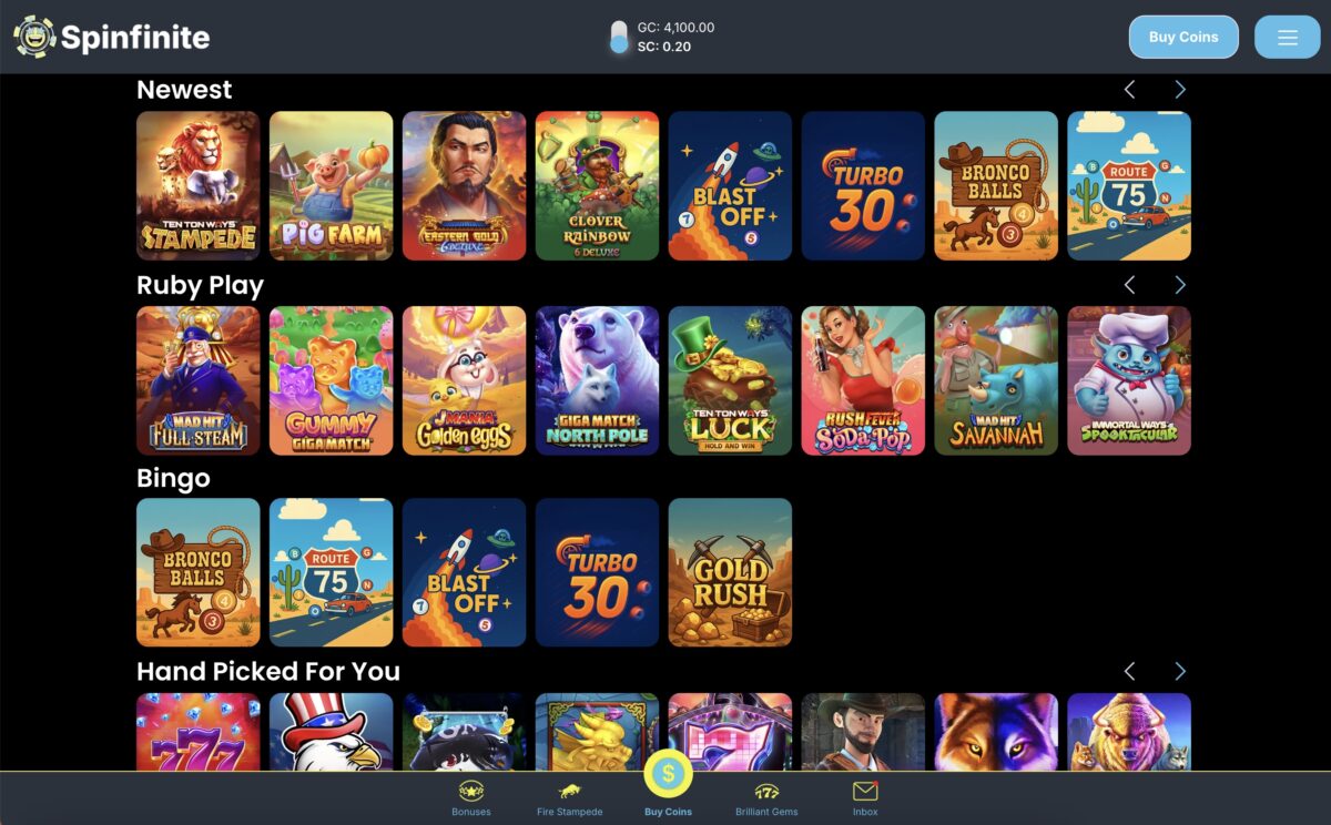 Spinfinite Sweepstakes Casino Screenshot