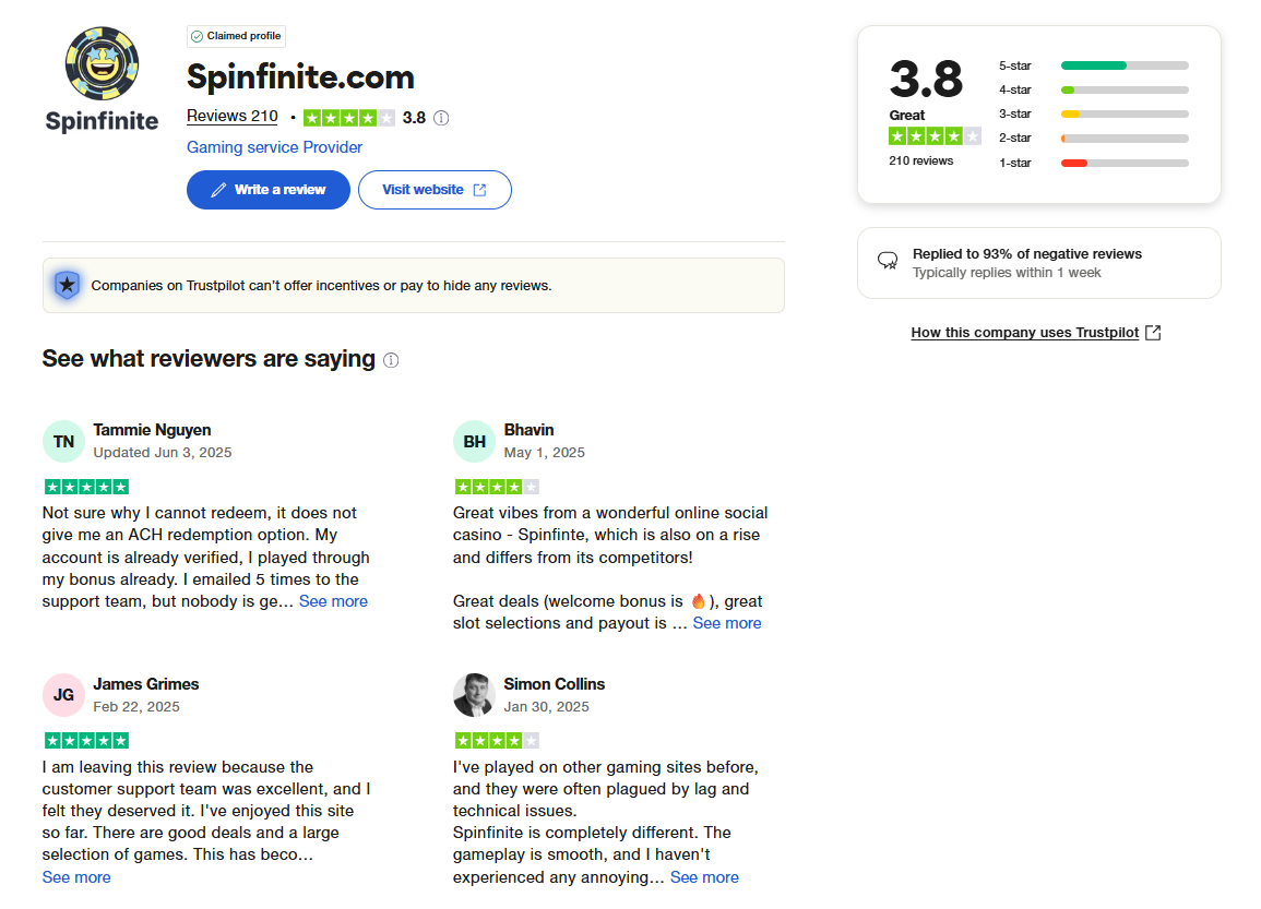 Spinfinite Trustpilot score