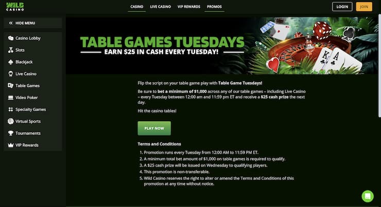 Wild Casino Bonus Codes Table Games Tuesdays