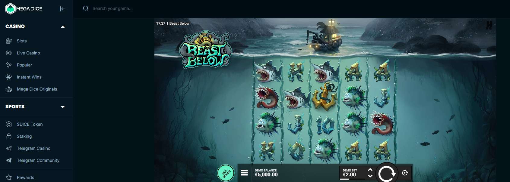 An image of Beast Below at Mega Dice, a top casino according to our Beast Below slot review.