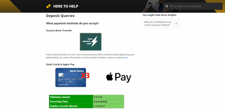Betfair FAQs about banking options for deposits and withdrawals