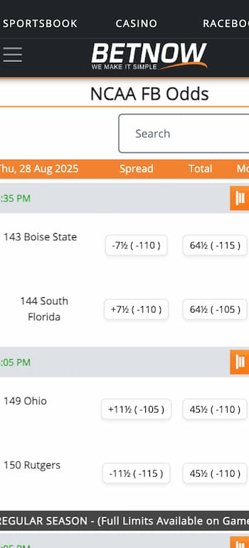 south florida ncaa lines on the betnow betting app