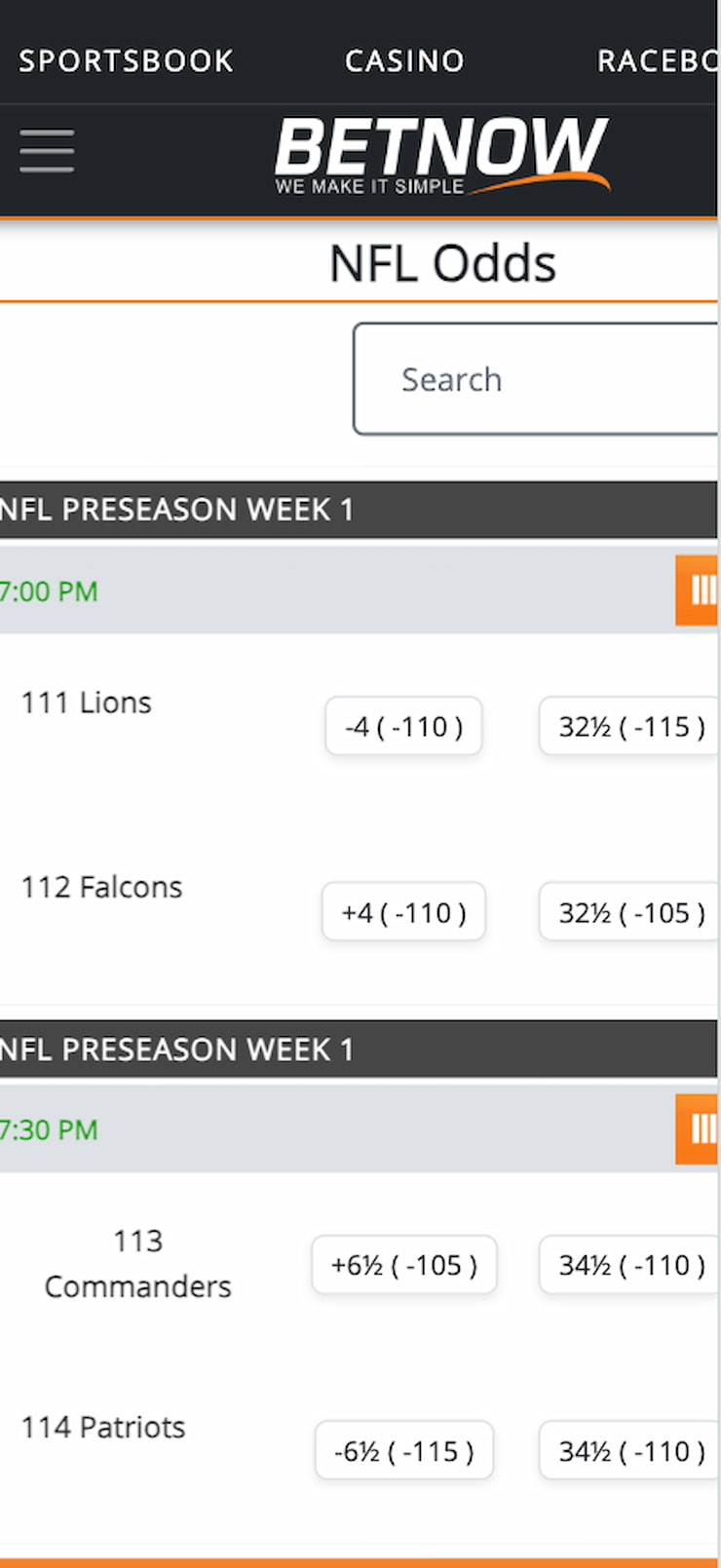Atlanta Falcons NFL odds at betnow mobile sportsbook GA