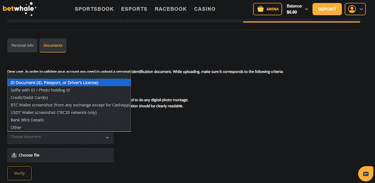Selecting documents to upload for BetWhale's KYC process