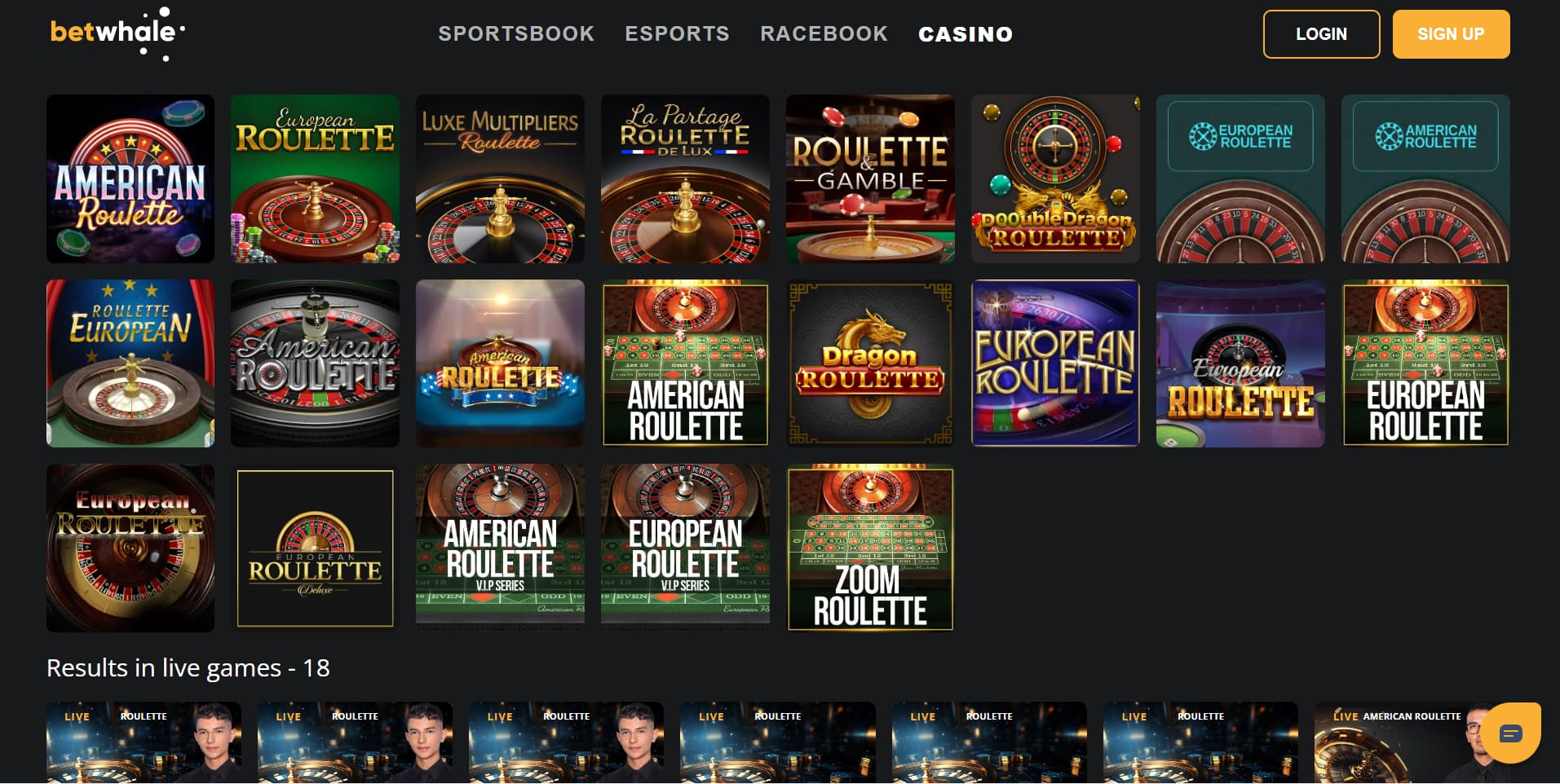 A preview of the roulette games at BetWhale Casino