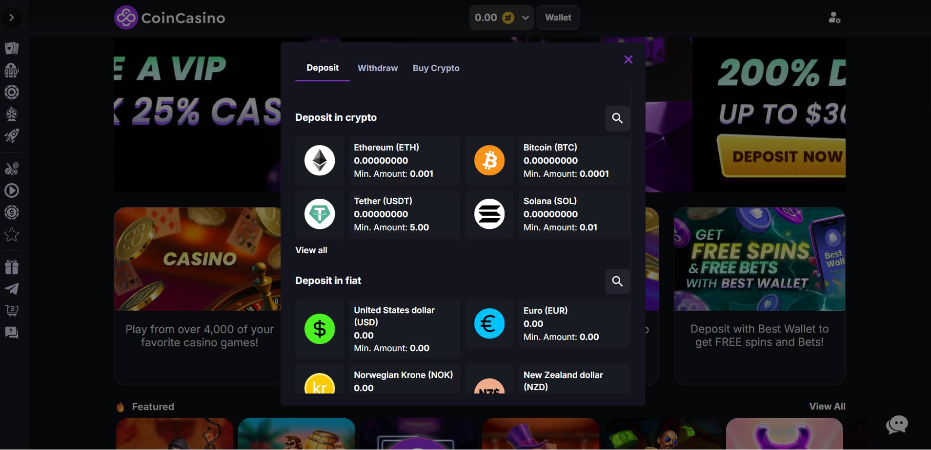 A view of the payment options at CoinCasino