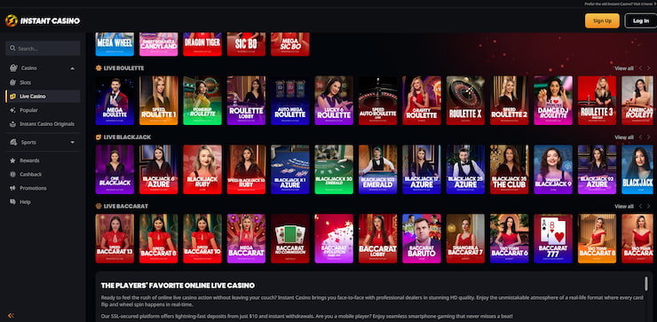 A screenshot taken of the live roulette, blackjack, and baccarat games that Instant Casino provides.
