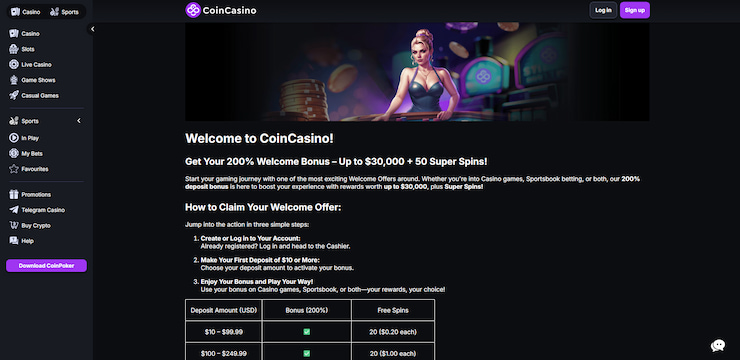 A look at the promo page for CoinCasino's $30,000 welcome offer.