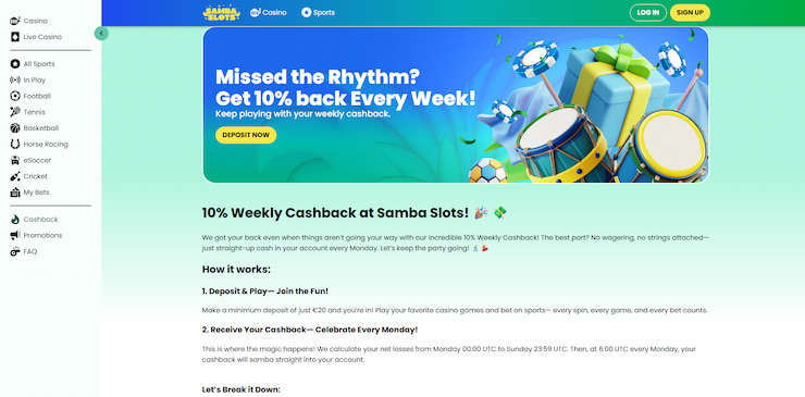 An image which showcases SambaSlots amazing 10% weekly cashback offer.