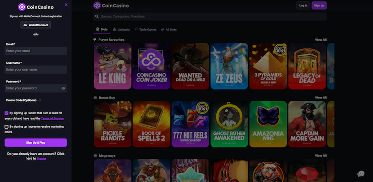 A glimpse at the registration process that new players must go through to create an account at CoinCasino.