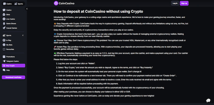 An image of a detailed explanation on how to deposit at CoinCasino even without crypto.