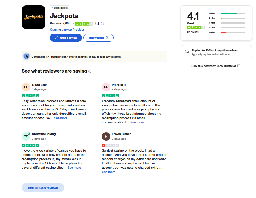 Jackpota Trustpilot score