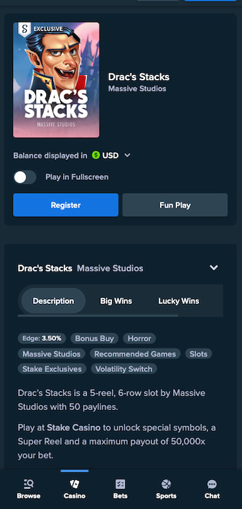 play drac's stacks slot on mobile at Stake