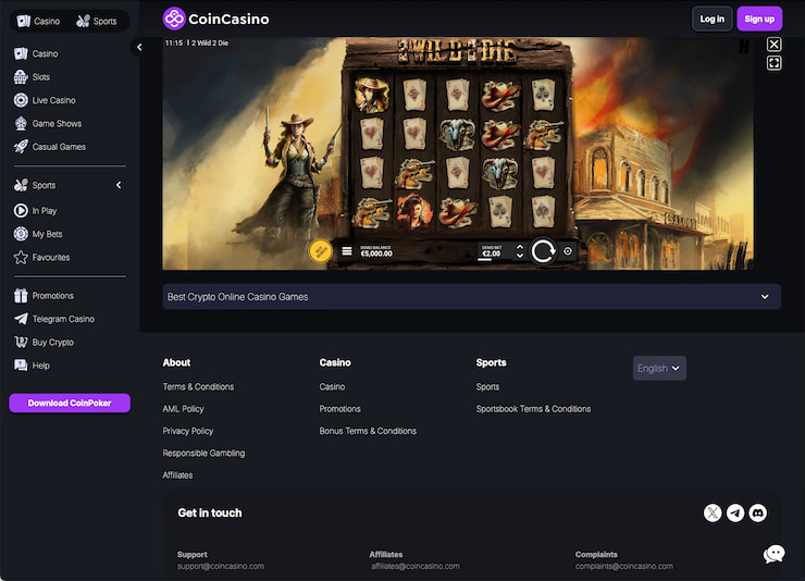 A CoinCasino screenshot from our 2 Wild 2 Die slot review