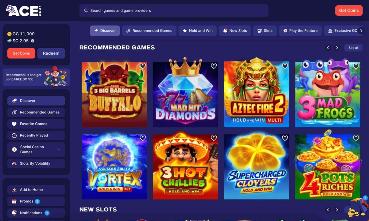 Games lobby at new sweepstakes casino ACE.com