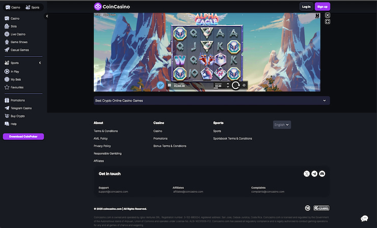 A CoinCasino snapshot from our Alpha Eagle slot review 