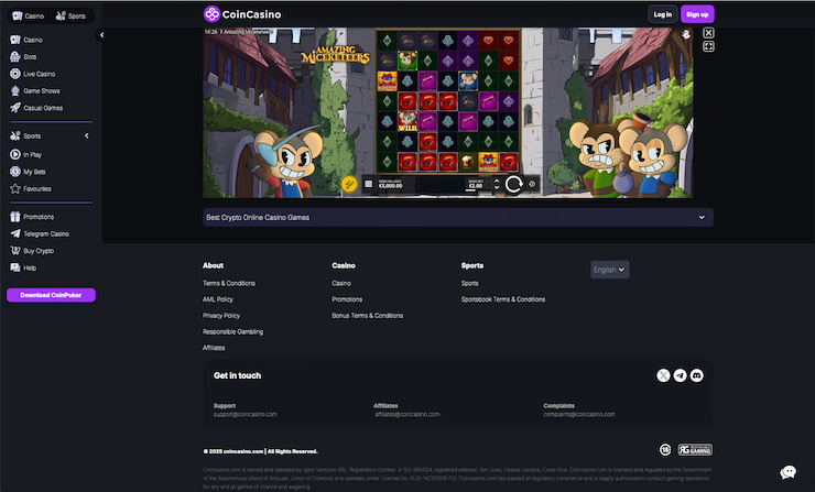 Checking out CoinCasino during our Amazing Miceketeers slot review