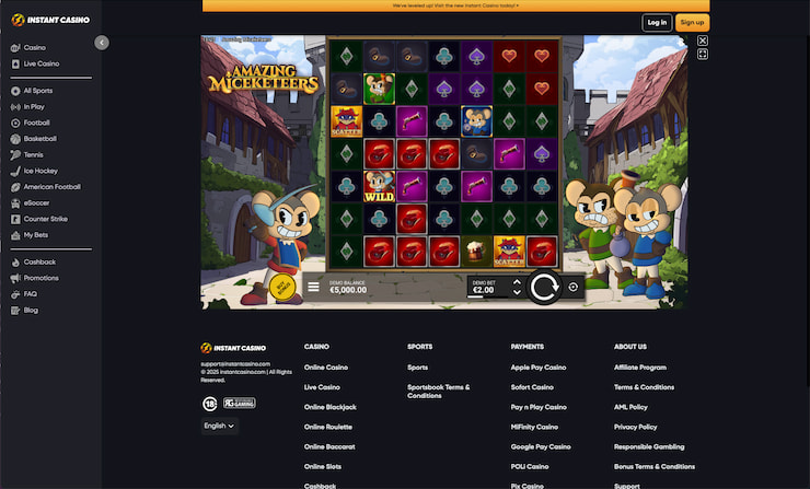 What playing the Amazing Miceketeers slot at Instant Casino looks like