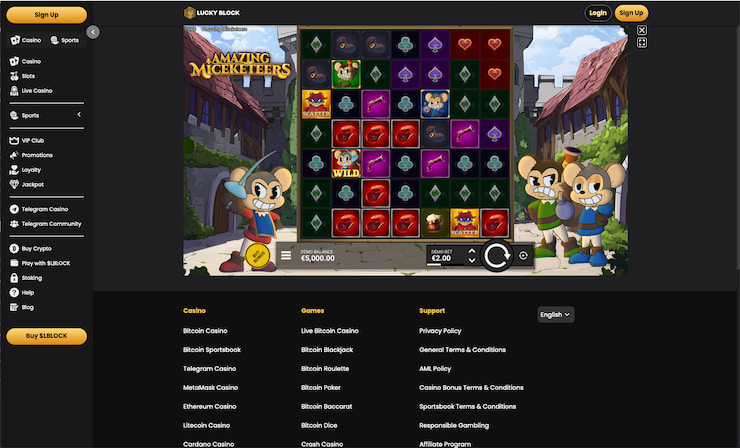 Lucky Block's Amazing Miceketeers casino interface