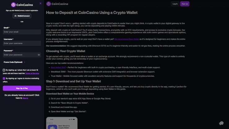 CoinCasino Registration Form for New Players