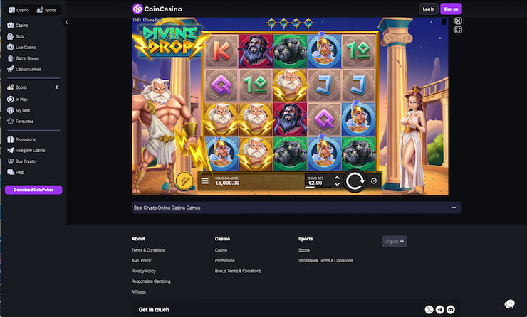 A CoinCasino screenshot during our Divine Drop slot review