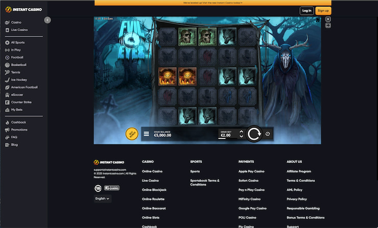 A snapshot of Instant Casino from our Evil Eyes slot review