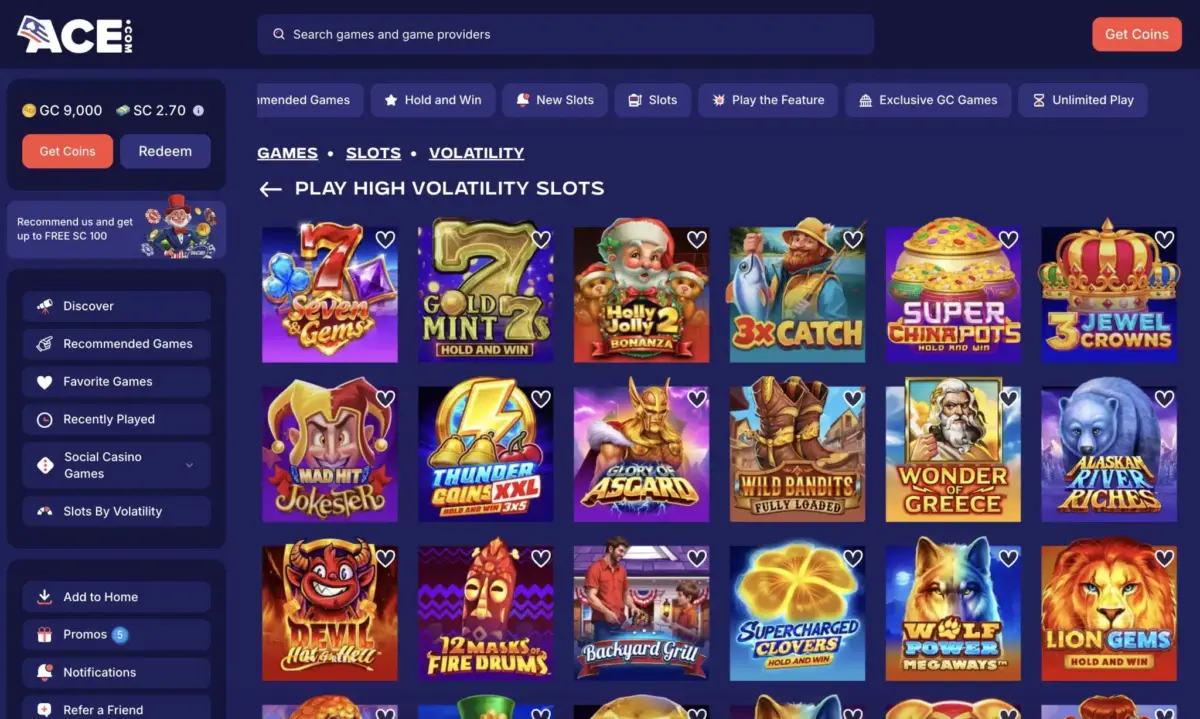 ACE.com's selection of high volatility slots