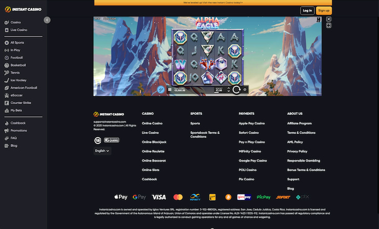 Looking at Instant Casino during our Alpha Eagle slot review