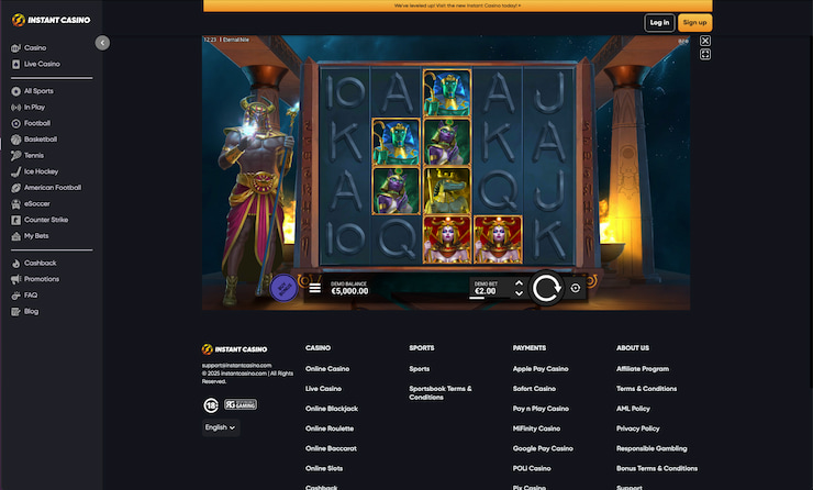 An Instant Casino screenshot from our Eternal Nile slot review
