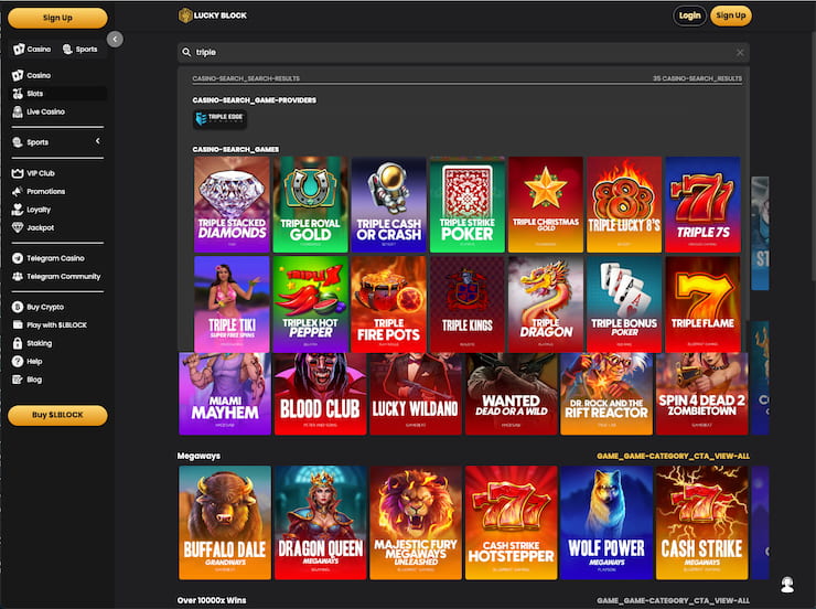 A screenshot of Lucky Block's library during our Triple Diamond slot review