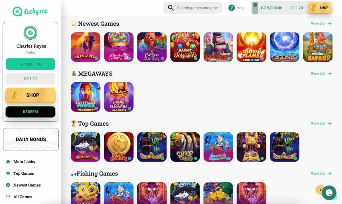 Screenshot of new sweeps casino lucky.me games lobby