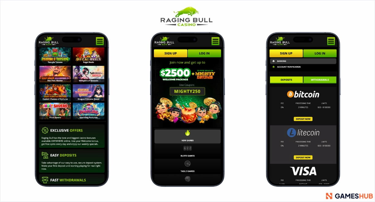 Mobile layout of the Raging Bull Slots site as part of an expert review