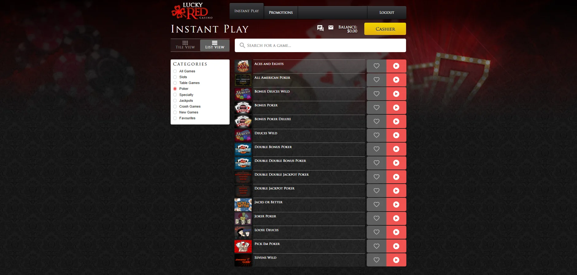 A selection of the poker games at Lucky Red Casino