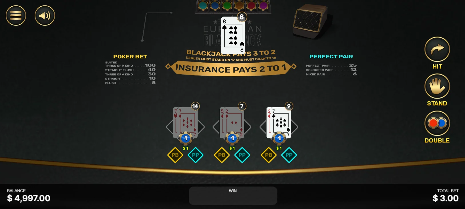A view of the European Blackjack game at BetWhale Casino