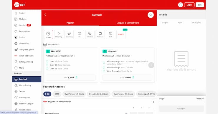 Virgin Bet football betting site