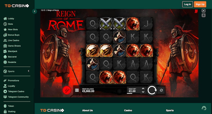 A screenshot of TG.Casino taken during our Reign of Rome Slot review